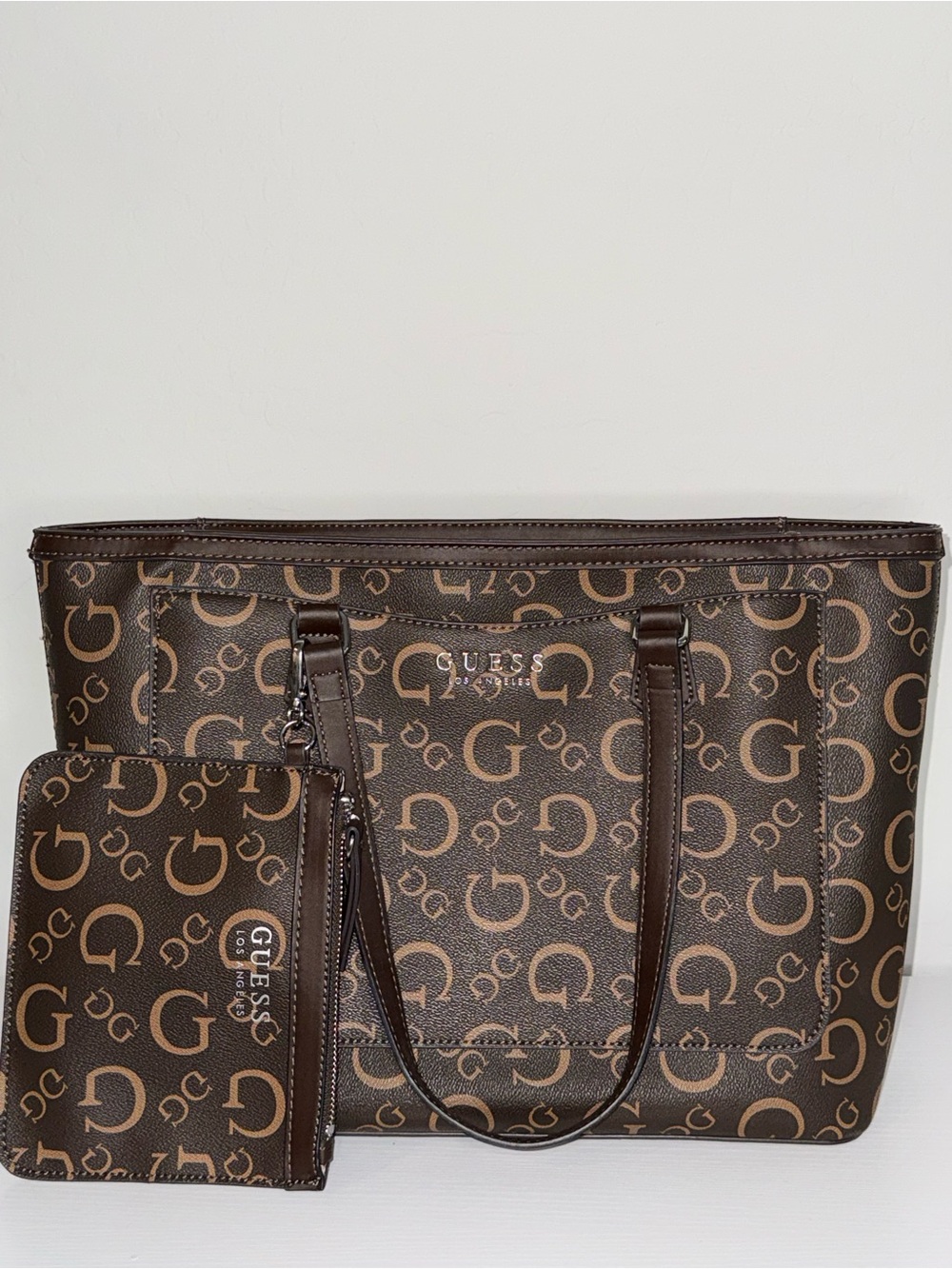 Guess Brown Monogram Tote with Matching Wristlet